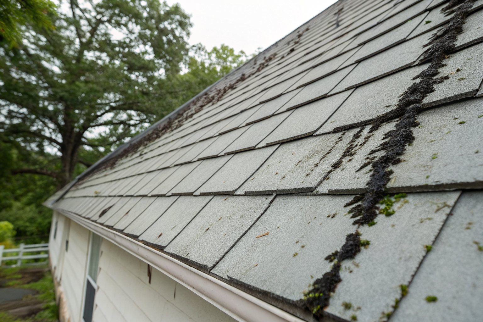 Light gray shingles with dark algae streaks running down the slope