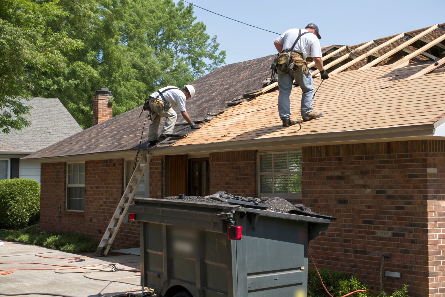 Two roofers stripping old shingles from a brick ranch house, a dumpster in the driveway