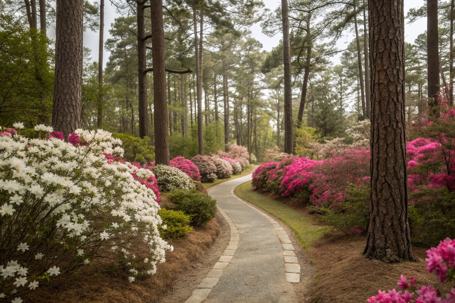 A garden path through pink and white azaleas under tall pines