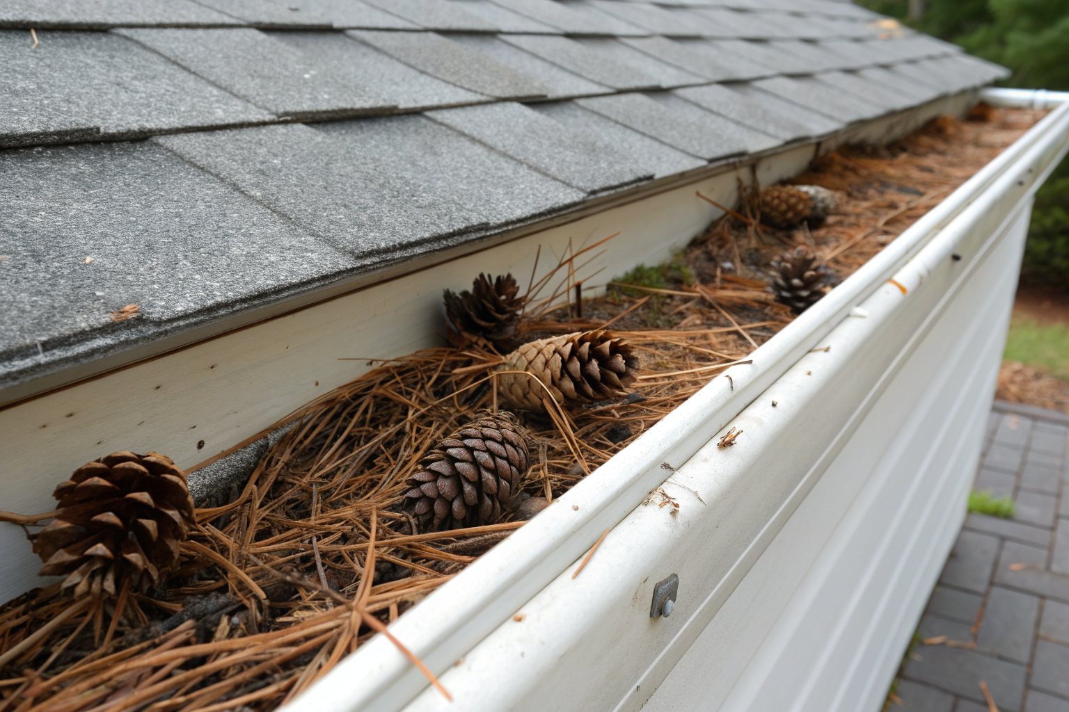 A white gutter packed with pine straw and pine cones at a shingle roof edge