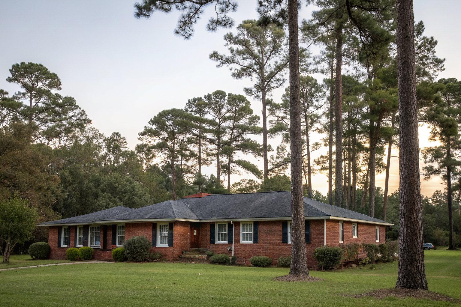 A one-story red brick ranch house with a dark gray shingle hip roof under tall pines at dusk