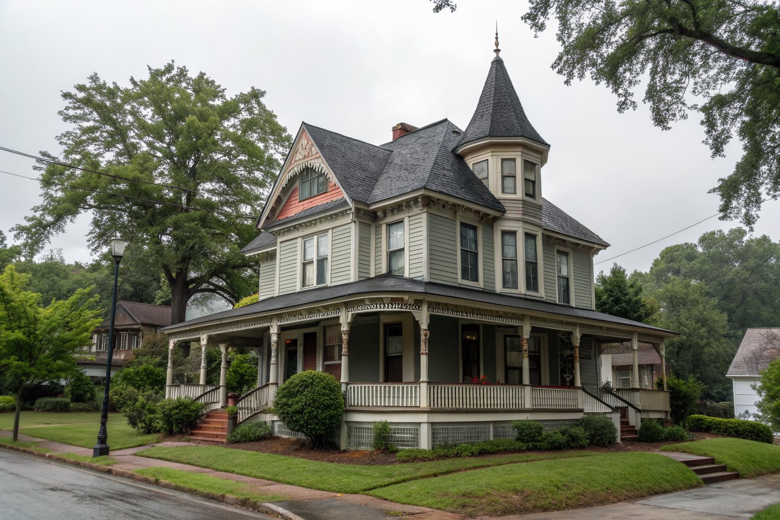 A restored Victorian house with a wraparound porch and a dark shingle roof on a tree-lined street