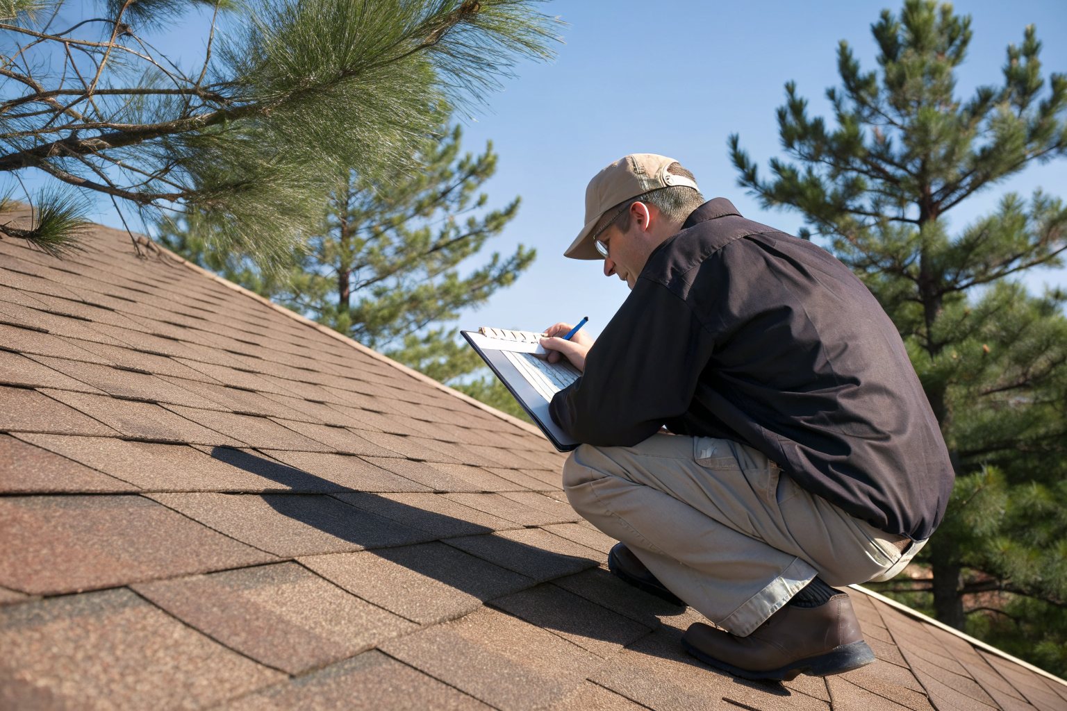 A roof inspector crouched on a brown shingle roof writing notes on a clipboard