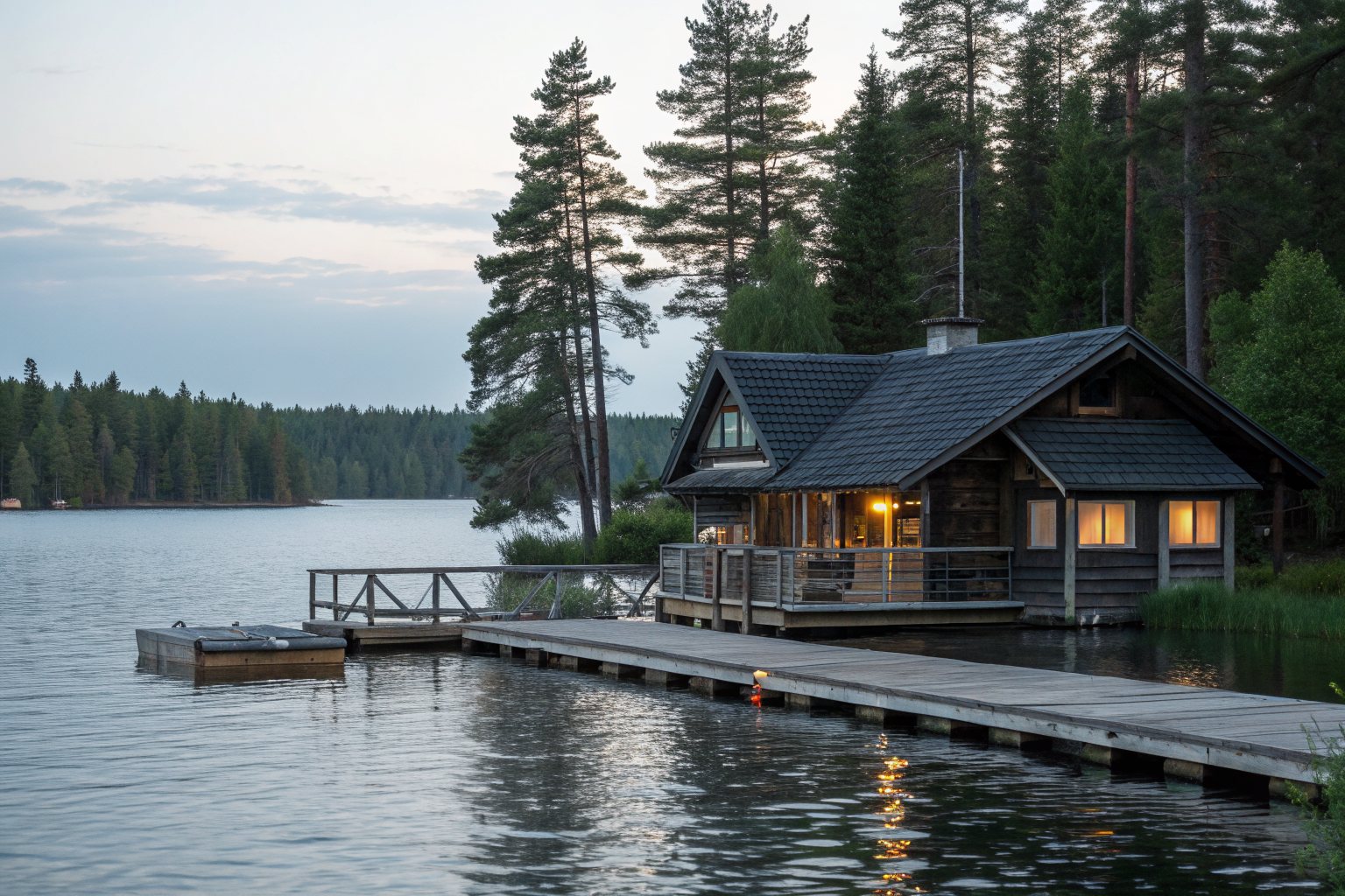 A lake cove with a wooden dock and a shingle-roofed lake house among pines