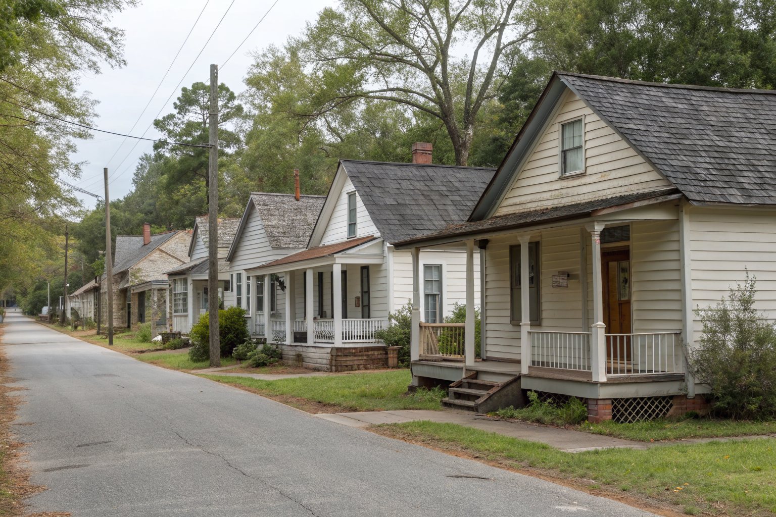 A row of small early-1900s cottages with front porches and gable roofs on a quiet street