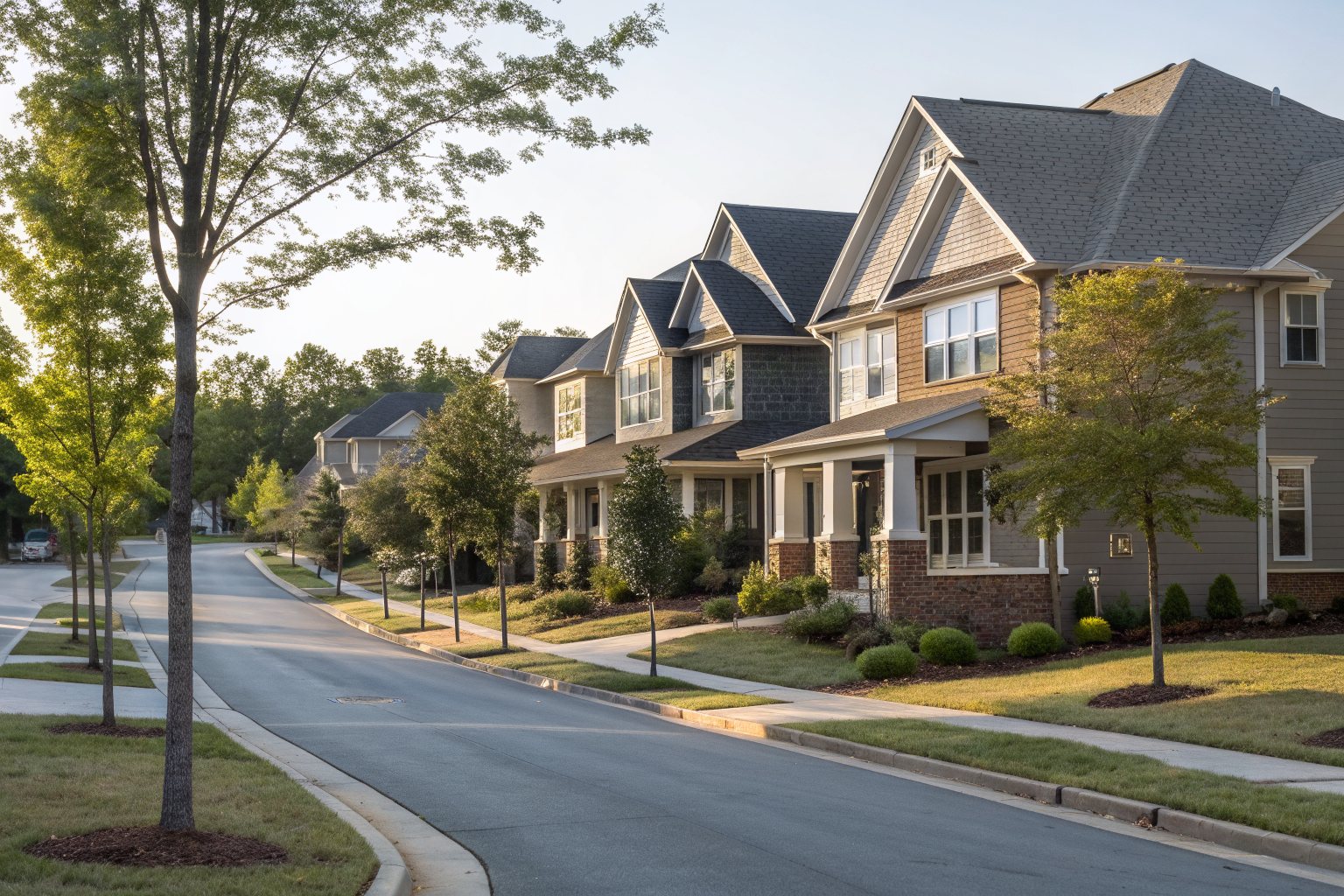 A street of newer two-story homes with gray architectural shingle roofs