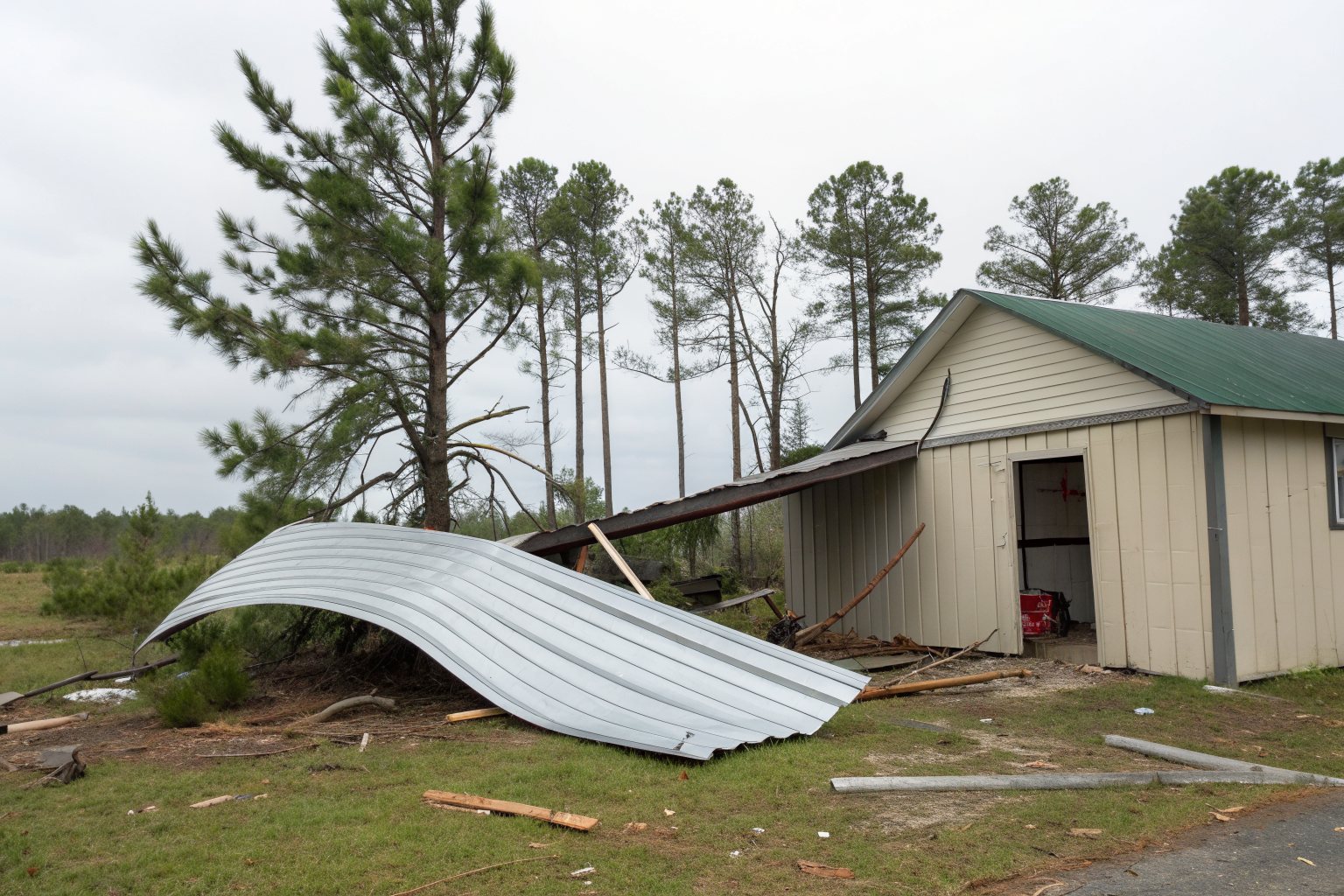A metal roof panel torn off a small outbuilding by wind and lying in the grass