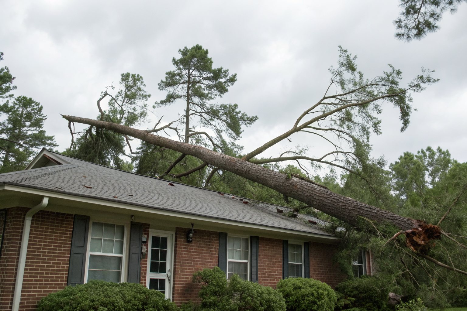 A storm-snapped pine lying across the shingle roof of a one-story brick house