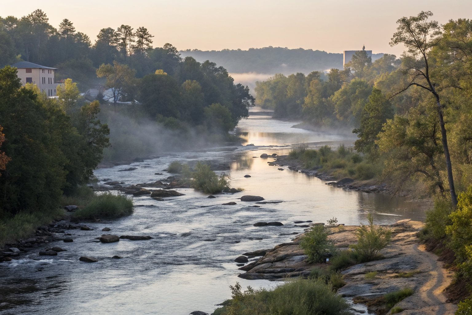 A wide river running over rocky shoals between wooded banks in morning mist