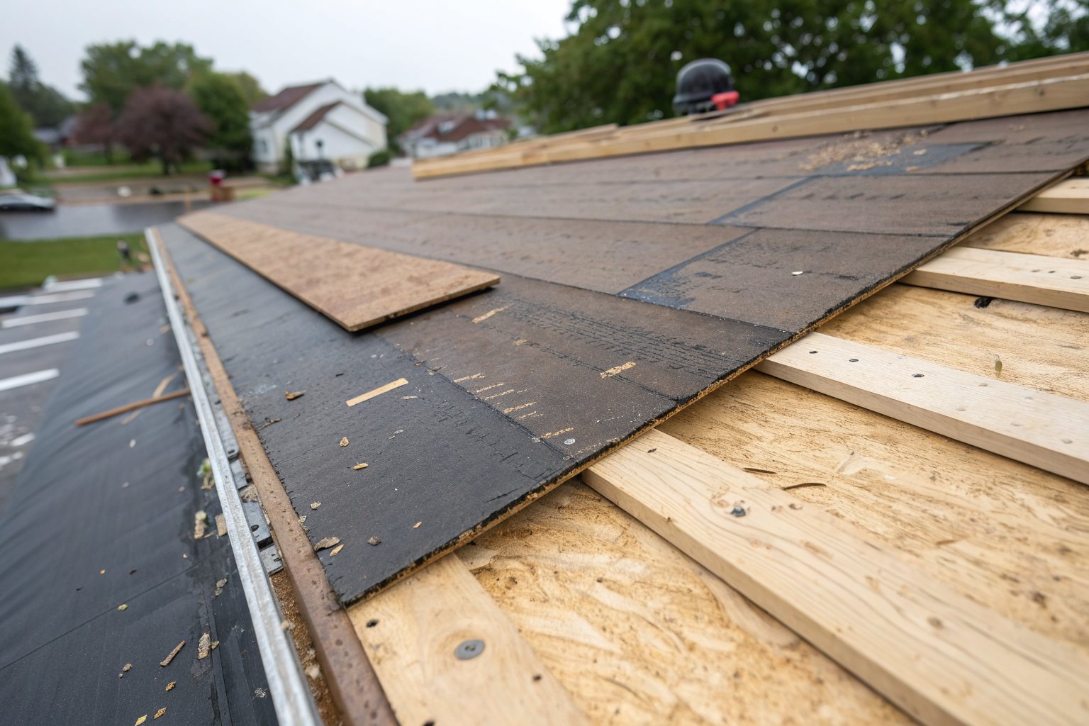 Old roof decking and fresh plywood exposed during a tear-off