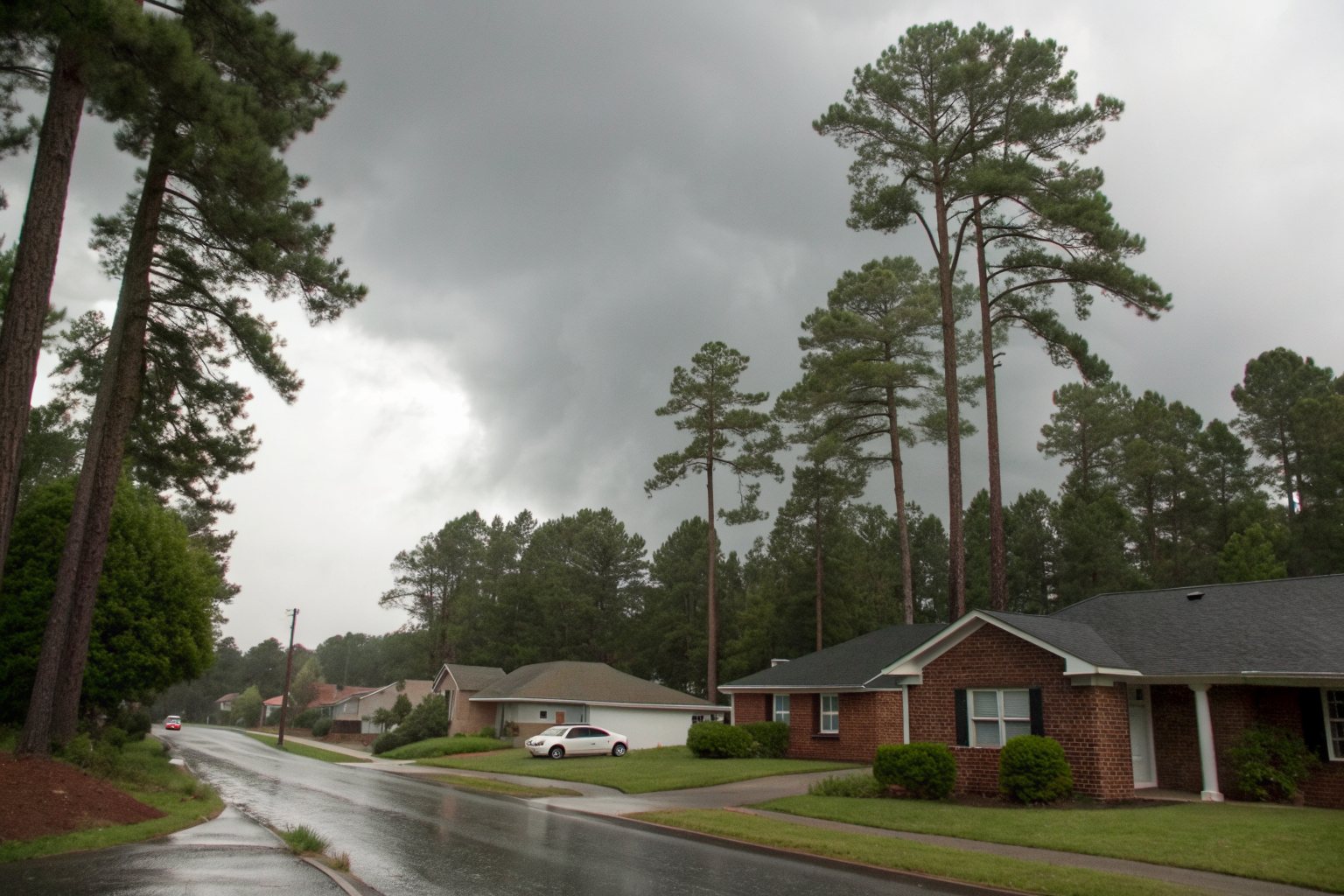 Gray storm clouds over tall pines and brick ranch homes on a wet street