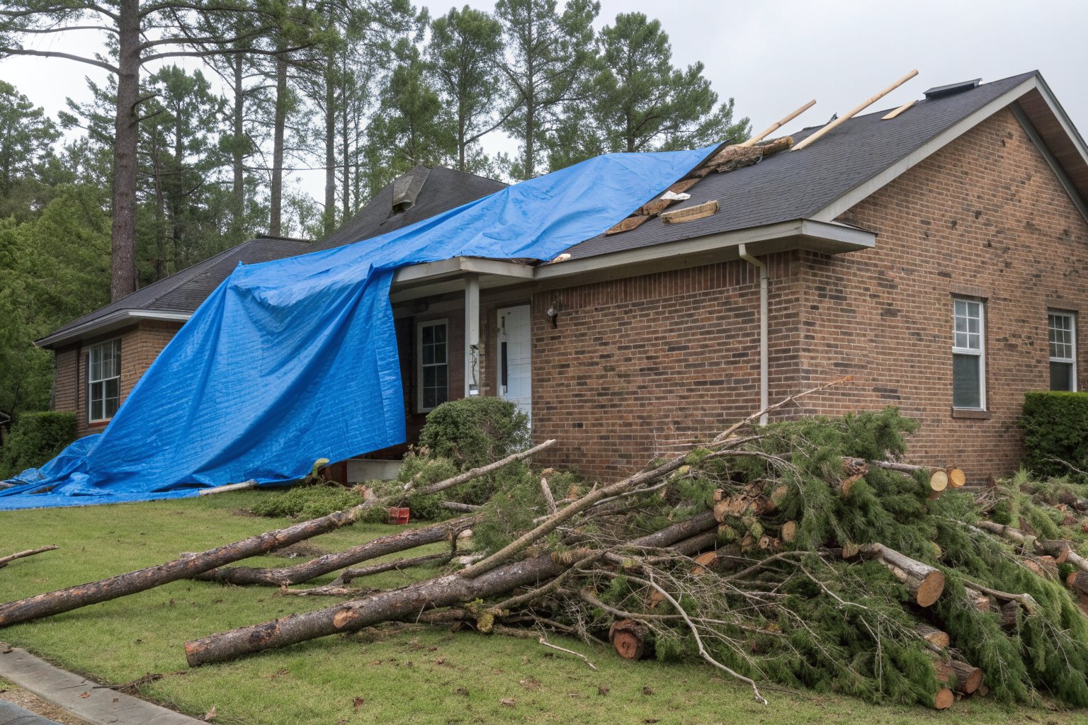 A blue tarp over part of a brick ranch house roof, with cut pine limbs on the lawn