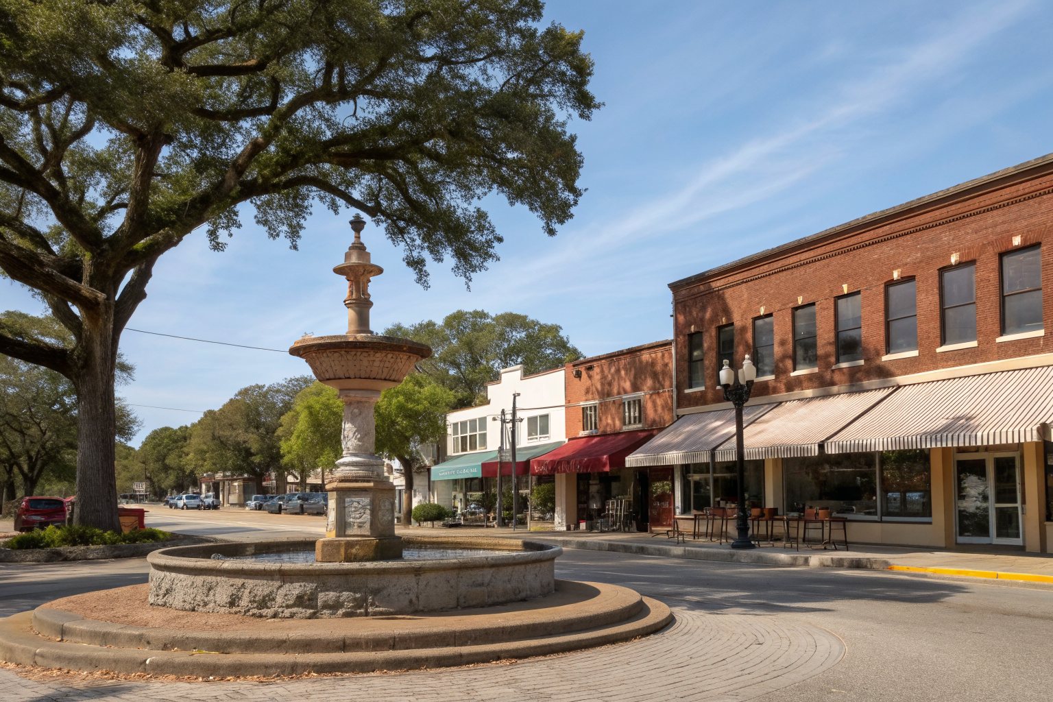 A small-town square with a stone fountain, brick storefronts and an old oak