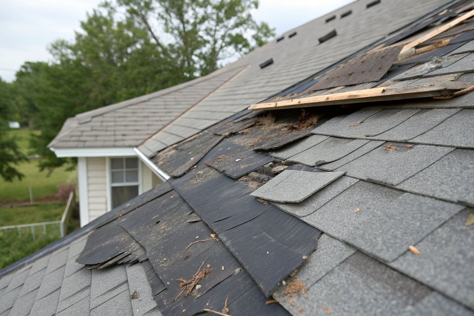 Wind-lifted and torn shingle tabs exposing dark underlayment on a roof