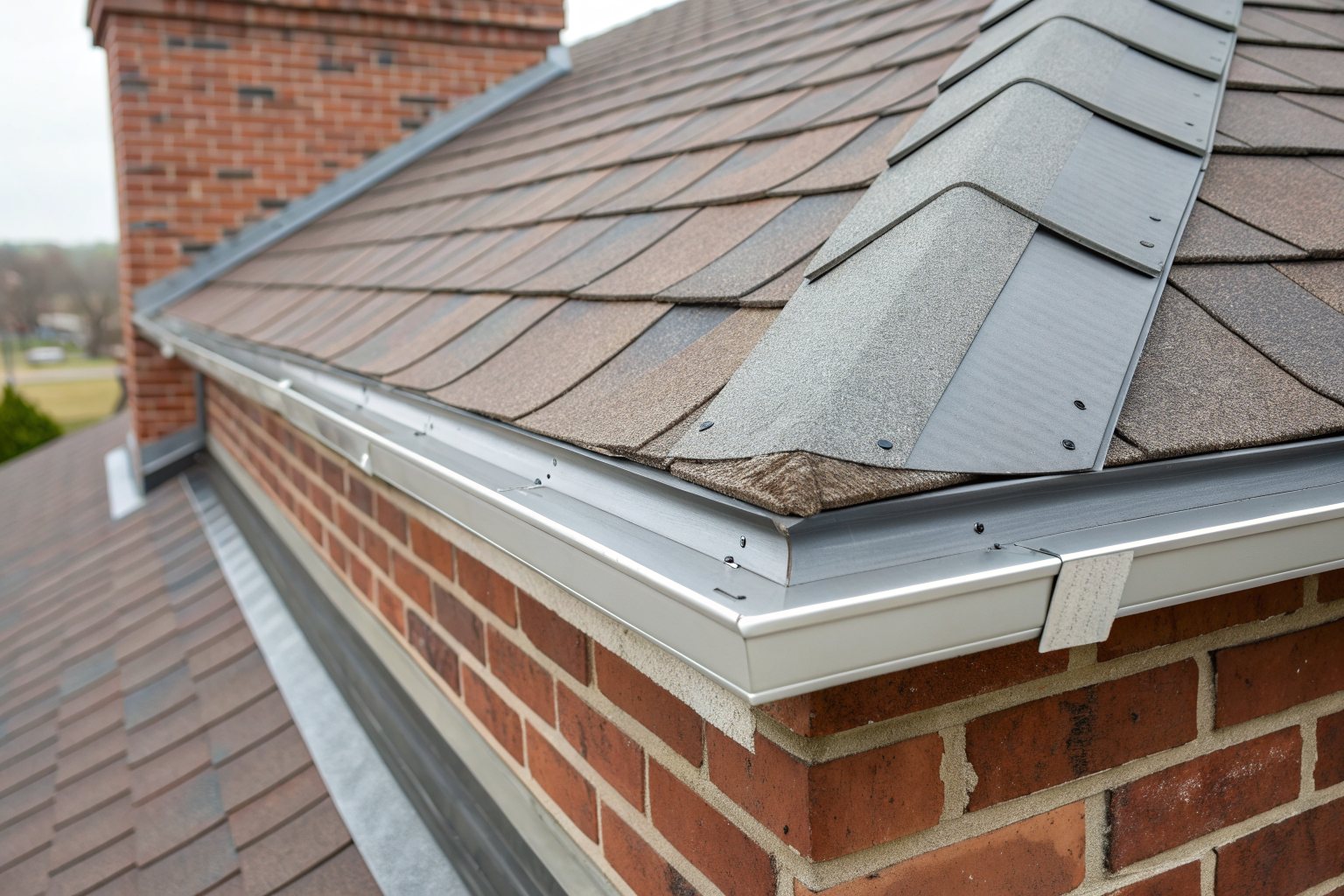 Shingles, metal flashing and a gutter where a roof meets a brick wall